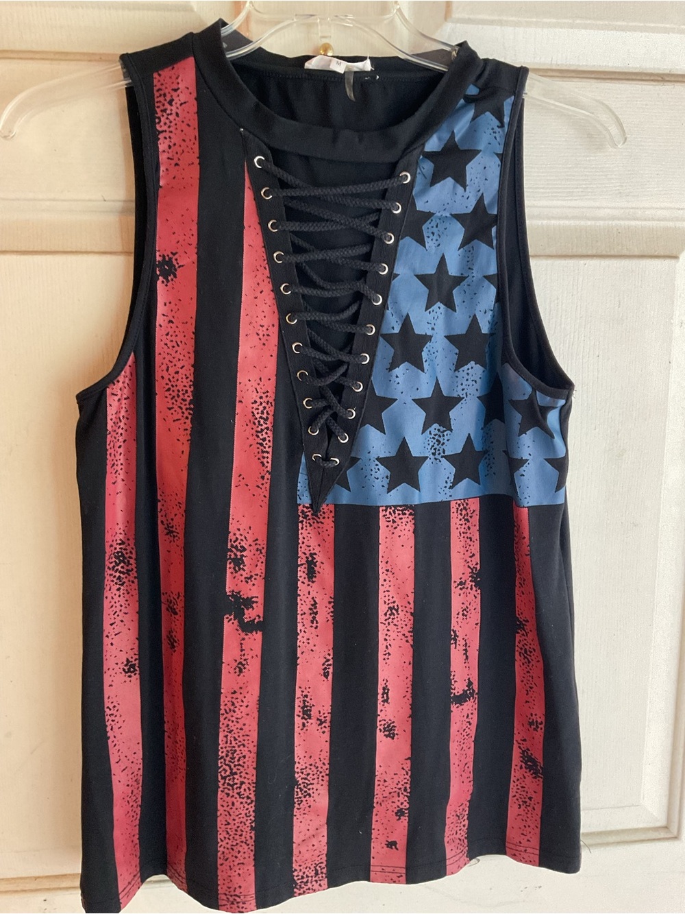 ENTRO Lace-Up Star & Stripe Tank Top in Black, Red & Blue OPEN NECK SZ.M.